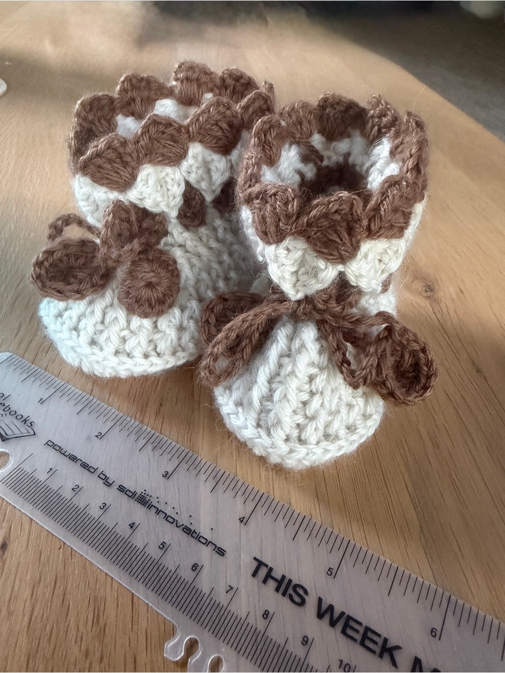 Peruvian Hand-Knitted Baby Booties in White and Brown